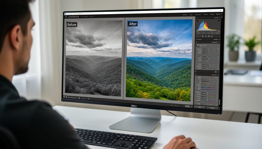 Before and after comparison of landscape photo showing raw versus edited in Lightroom