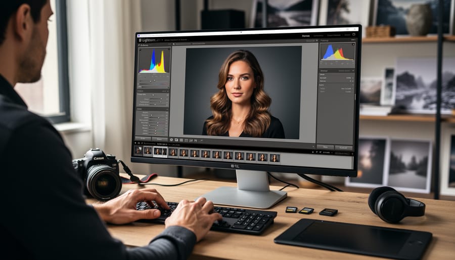 Photographer's hands adjusting editing controls in Adobe Lightroom on computer screen