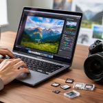 Photographer’s hands editing a landscape photo on a laptop at a wooden desk with a DSLR camera and memory cards, shot from above in soft window light, with blurred prints and a coffee mug in the background.