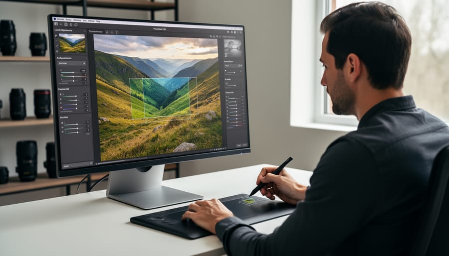 Photographer using graphics tablet for precise local adjustments in photo editing