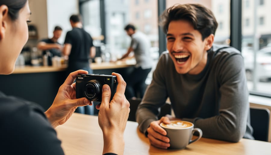 Candid close-up portrait of a barista smiling during a coffee handoff with warm indoor lighting.