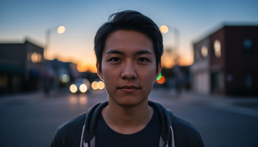 Intimate dusk street portrait of a person on a park bench with warm bokeh lights in the background.