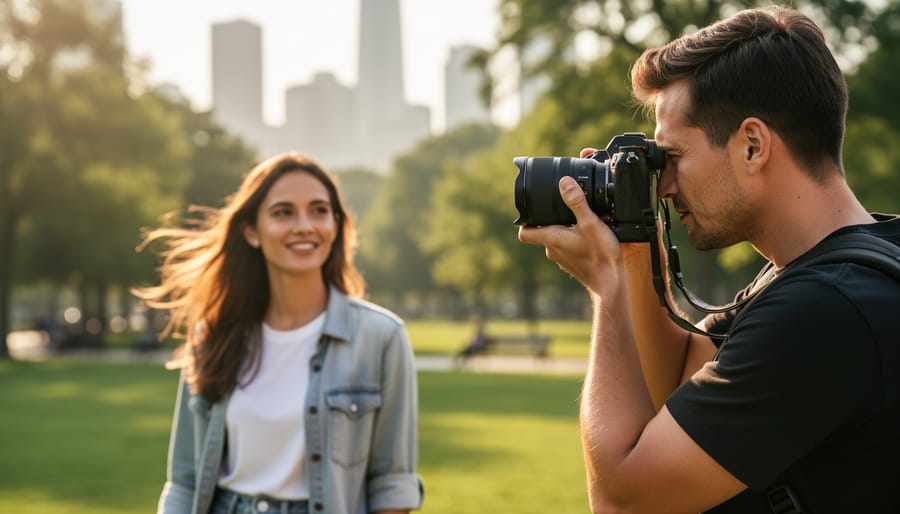 Outdoor golden-hour portrait scene in a park with warm sunlight and sharp focus on the walking subjects.
