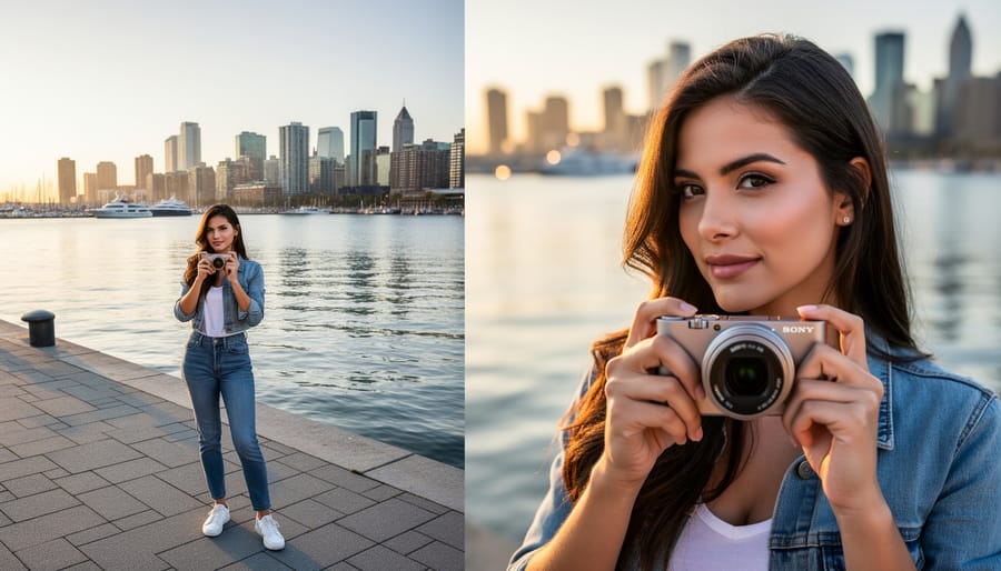 Traveler taking a portrait near water with sharp focus on foreground subject and blurred background.