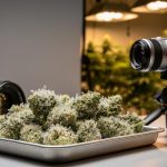 Close-up cannabis flowers with visible trichomes beside a camera and macro lens, staged with soft studio lighting and a blurred grow-room background.