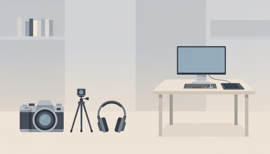 Camera on a tripod next to studio lighting gear and an out-of-focus laptop editing setup with no visible text.
