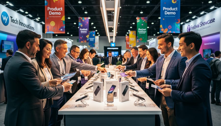 Wide event-floor photo showing a cannabis booth area with attendees and colorful overhead lighting, with no readable signage.