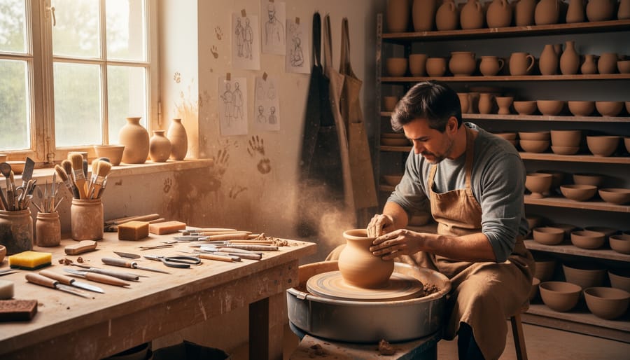 Ceramic artist working beside a pottery wheel in a studio with warm golden light and blurred kiln and tools in the background.