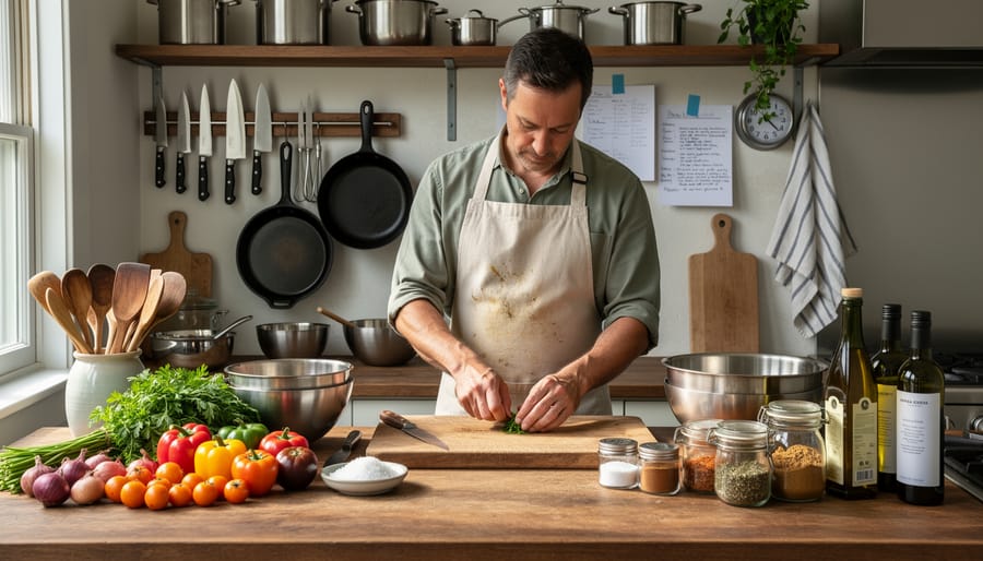 Chef in a home kitchen holding a wooden spoon with cookware and ingredients softly blurred in the background.