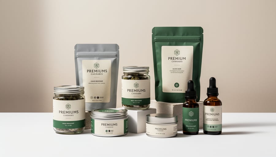 Studio tabletop photo of cannabis flower buds and product containers with soft rim lighting to show trichomes.