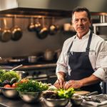 A sharply focused chef in a busy kitchen, framed with surrounding counters and cookware in a softly blurred background.