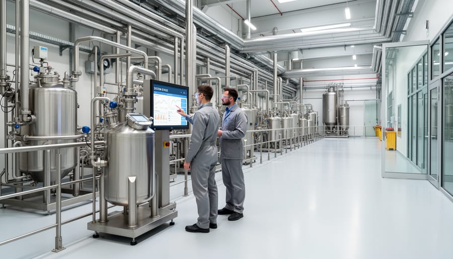 Gloved hand adjusting stainless lab equipment with glass vessels on a bench in a cannabis processing workspace.