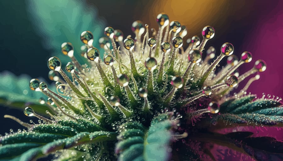 Extreme macro view of cannabis trichomes with sparkling highlights against a dark blurred background.