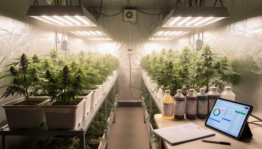 Eye-level view of a cannabis plant growing under cool white grow lights in a cultivation room.