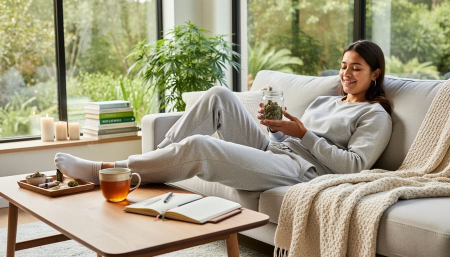 Person’s hands using cannabis rolling materials on a wooden tray in a warm, cozy home setting.