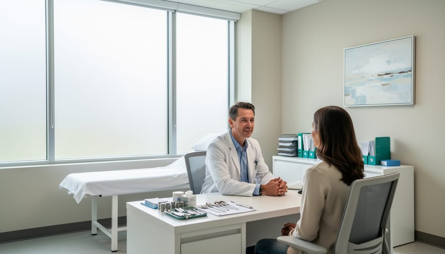 Clinical setting photo of a healthcare professional discussing medical cannabis with a patient at a desk.