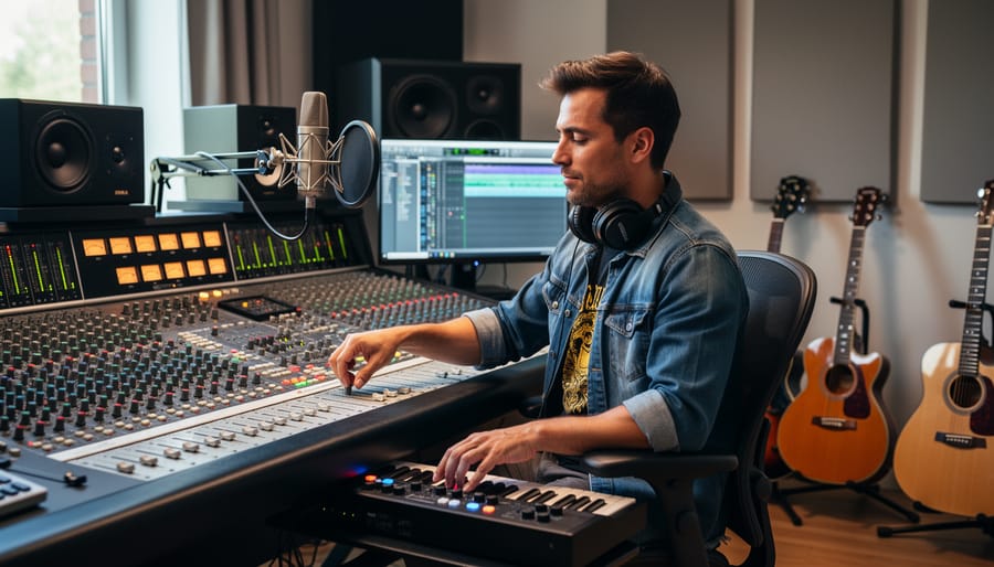 Musician adjusting guitar effects on a studio desk with headphones, studio window light, and blurred music gear behind.