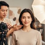 Photographer adjusting a soft umbrella light while directing a model for a studio portrait headshot.