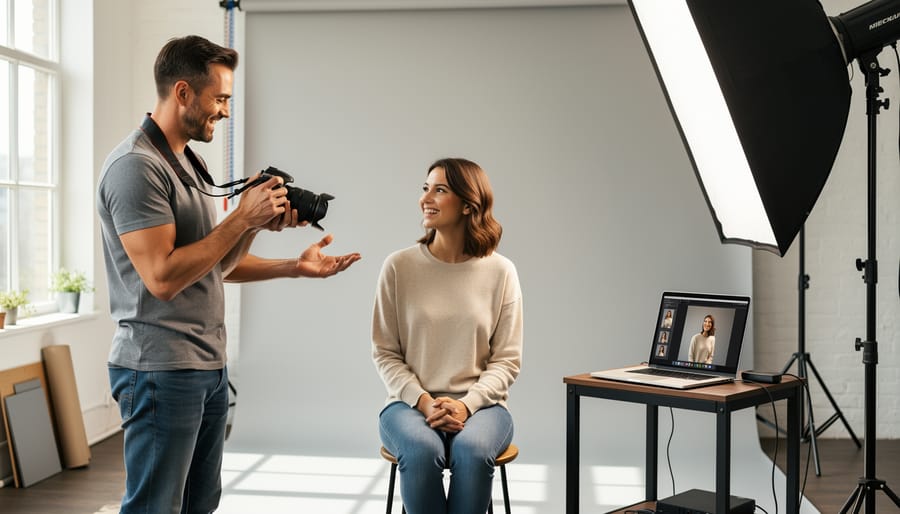 Photographer giving posing direction to a couple during a portrait session with camera gear visible nearby.