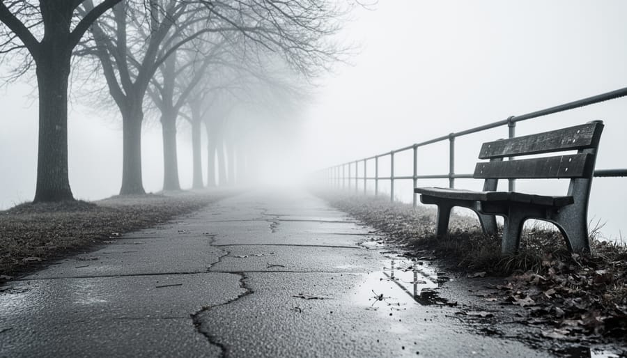 Foggy outdoor black and white portrait of a person in a long wool coat near a brick wall.