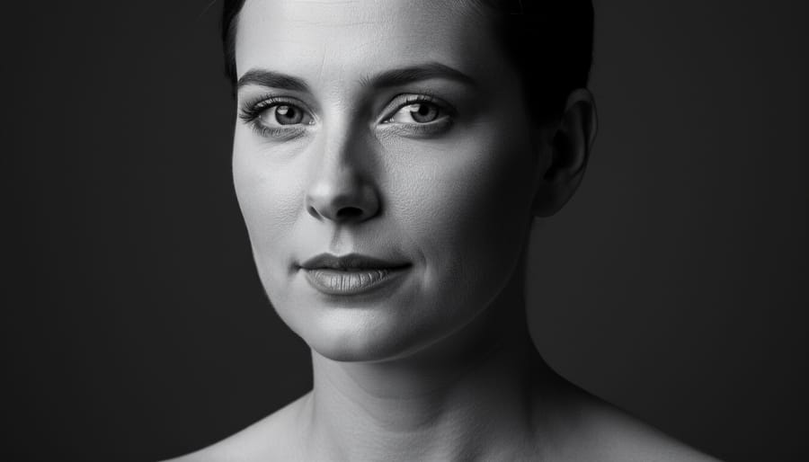 Close-up black and white portrait lit with Rembrandt lighting, showing a triangular highlight on the cheek.