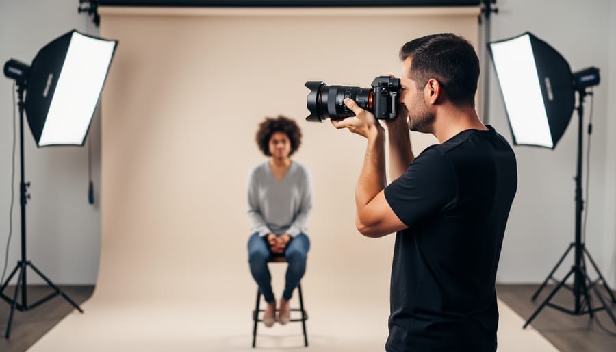 Studio portrait scene with a model in front of a gray seamless backdrop and softbox lighting.