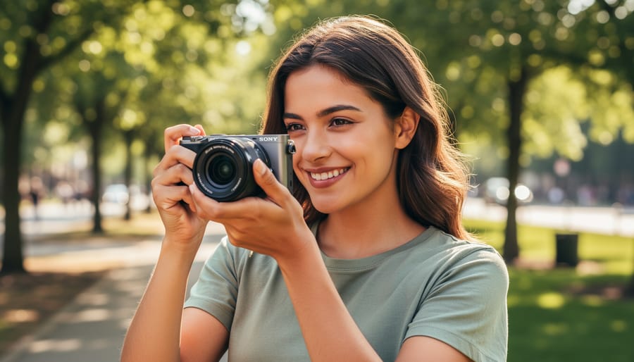 Child smiling outdoors during golden hour with eyes sharply in focus and a softly blurred park background.