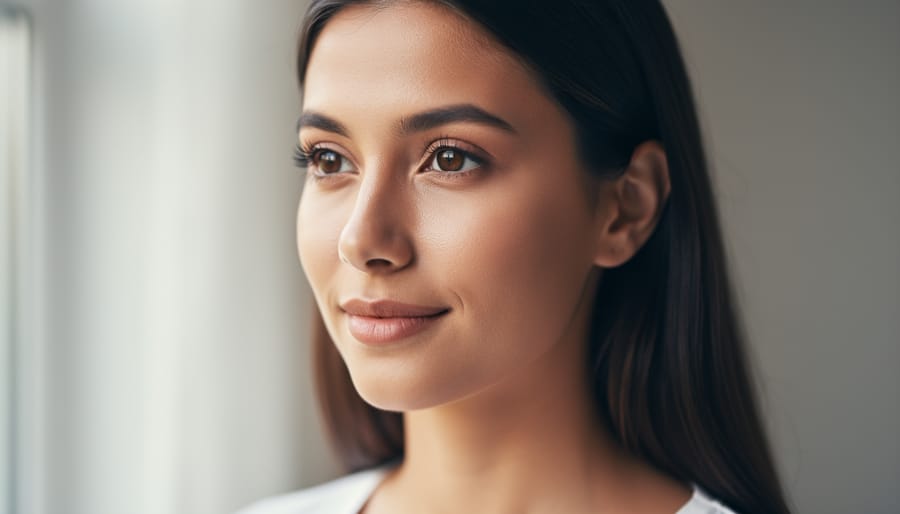 Photographer-assisted portrait of a woman with soft window lighting and sharp focus on her eyes.