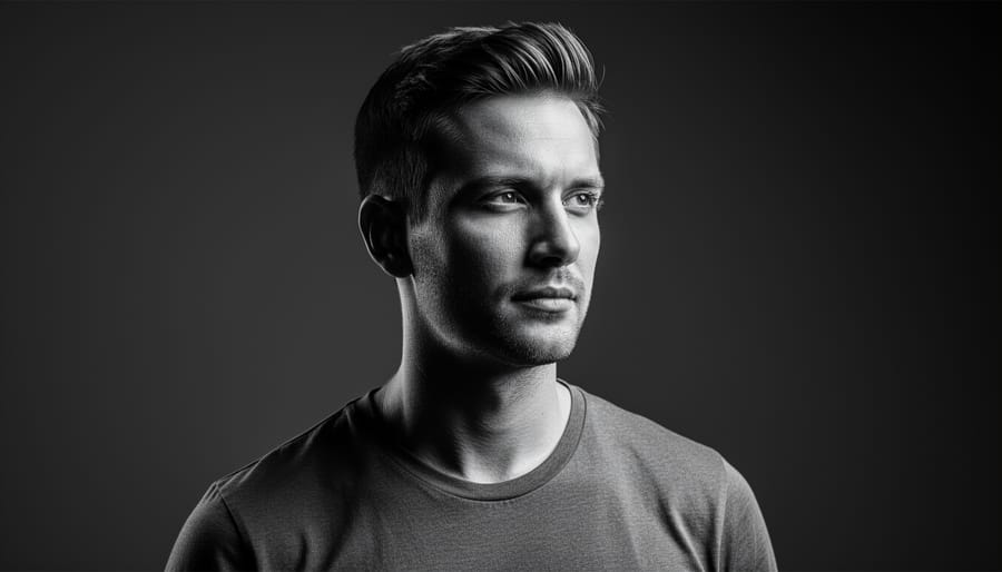 Black and white studio portrait of a subject in a dark turtleneck with soft side lighting and sharp focus on the eyes.